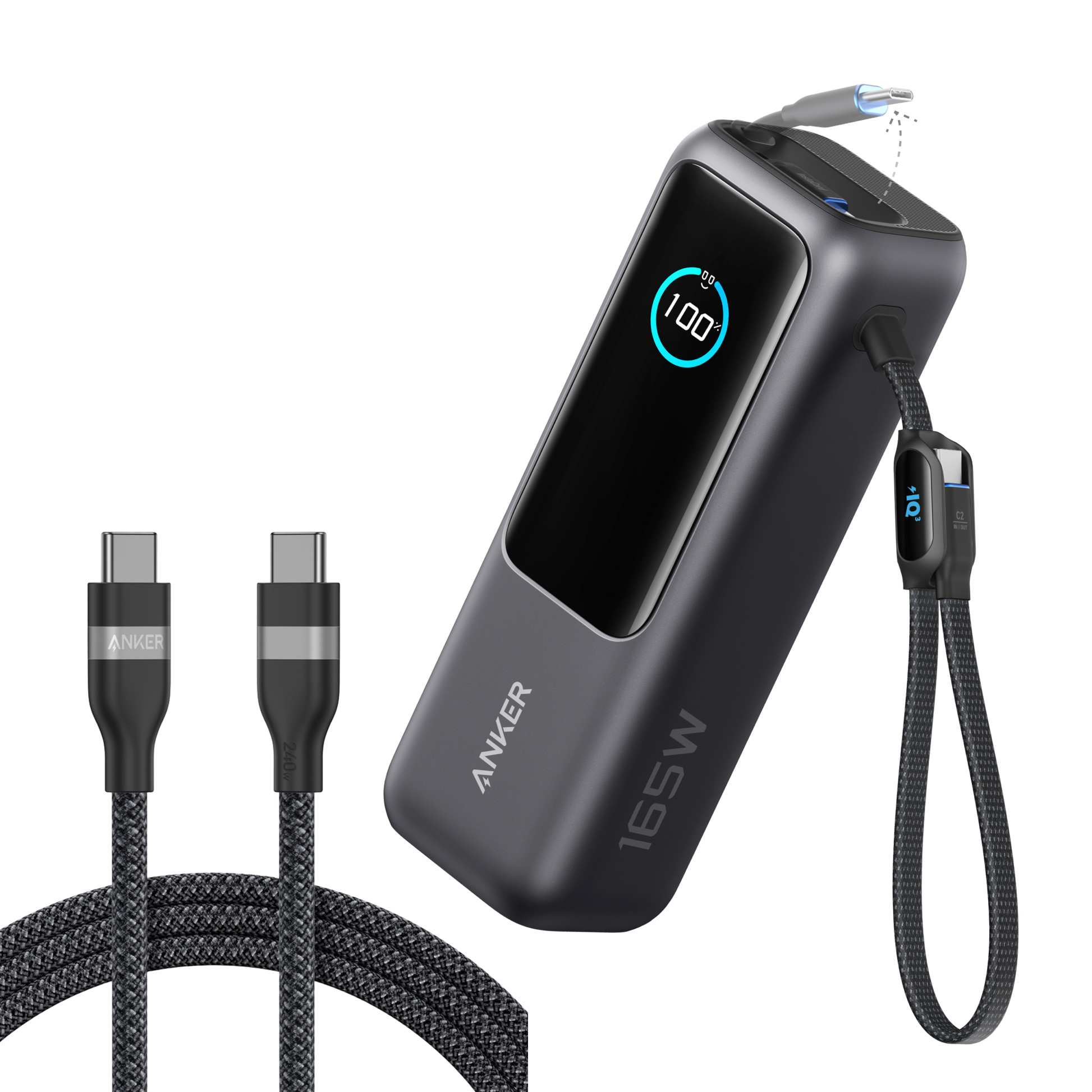 Anker 25K 165W laptop power bank in space black with built-in and retractable cables for portable charging.