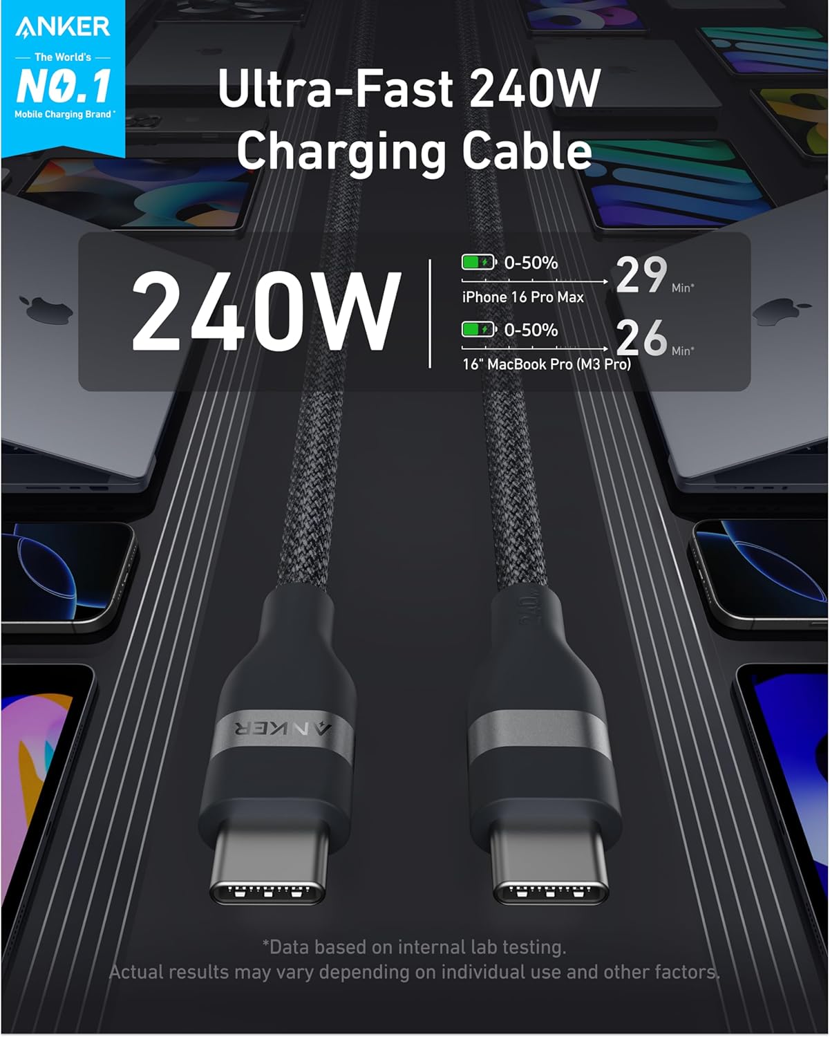 Anker 25K 165W laptop power bank with built-in and retractable cables in black, portable and high-capacity for on-the-go charging.