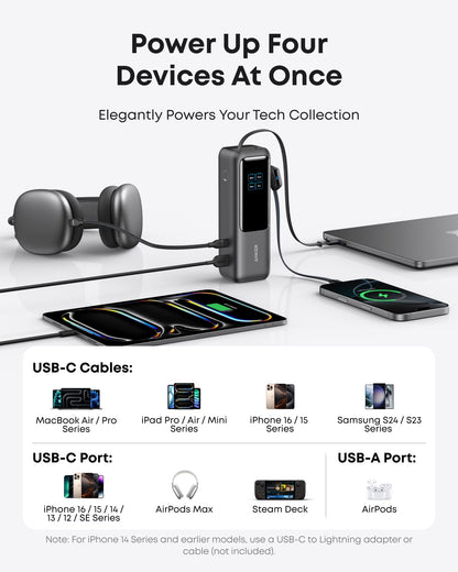 Anker 25K 165W laptop power bank with built-in and retractable cables in black, portable for charging on the go.