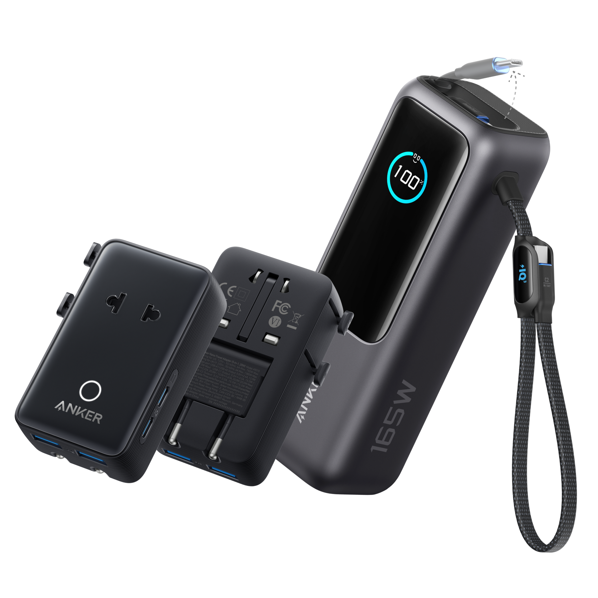 Anker 25K 165W laptop power bank with built-in retractable cables in space black, portable and high-capacity for charging on the go