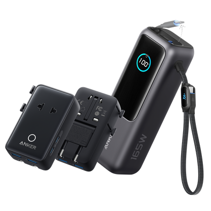 Anker 25K 165W laptop power bank with built-in retractable cables in space black, portable and high-capacity for charging on the go
