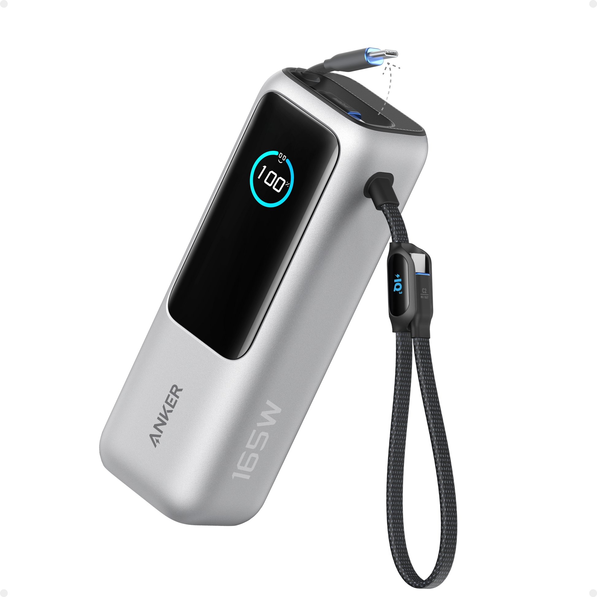 Anker 25K 165W laptop power bank in space black with built-in and retractable cables for portable charging.