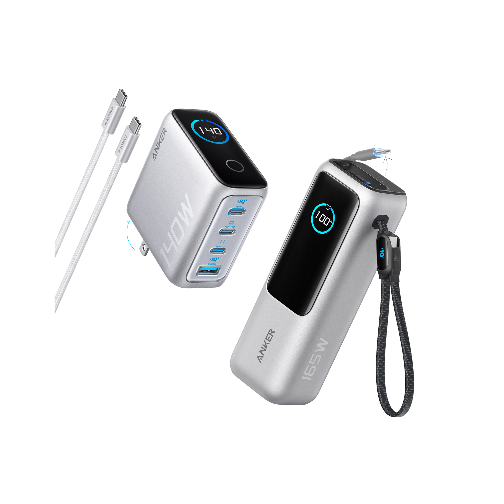 Anker 25K 165W laptop power bank in space black with built-in and retractable cables for portable charging.