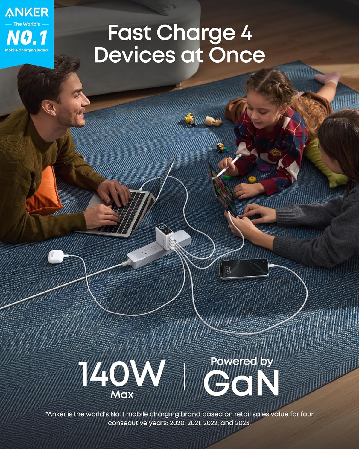 Anker 25K 165W laptop power bank in space black with built-in and retractable cables for portable charging.