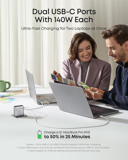 Anker 25K 165W laptop power bank in space black with built-in and retractable cables for portable device charging.