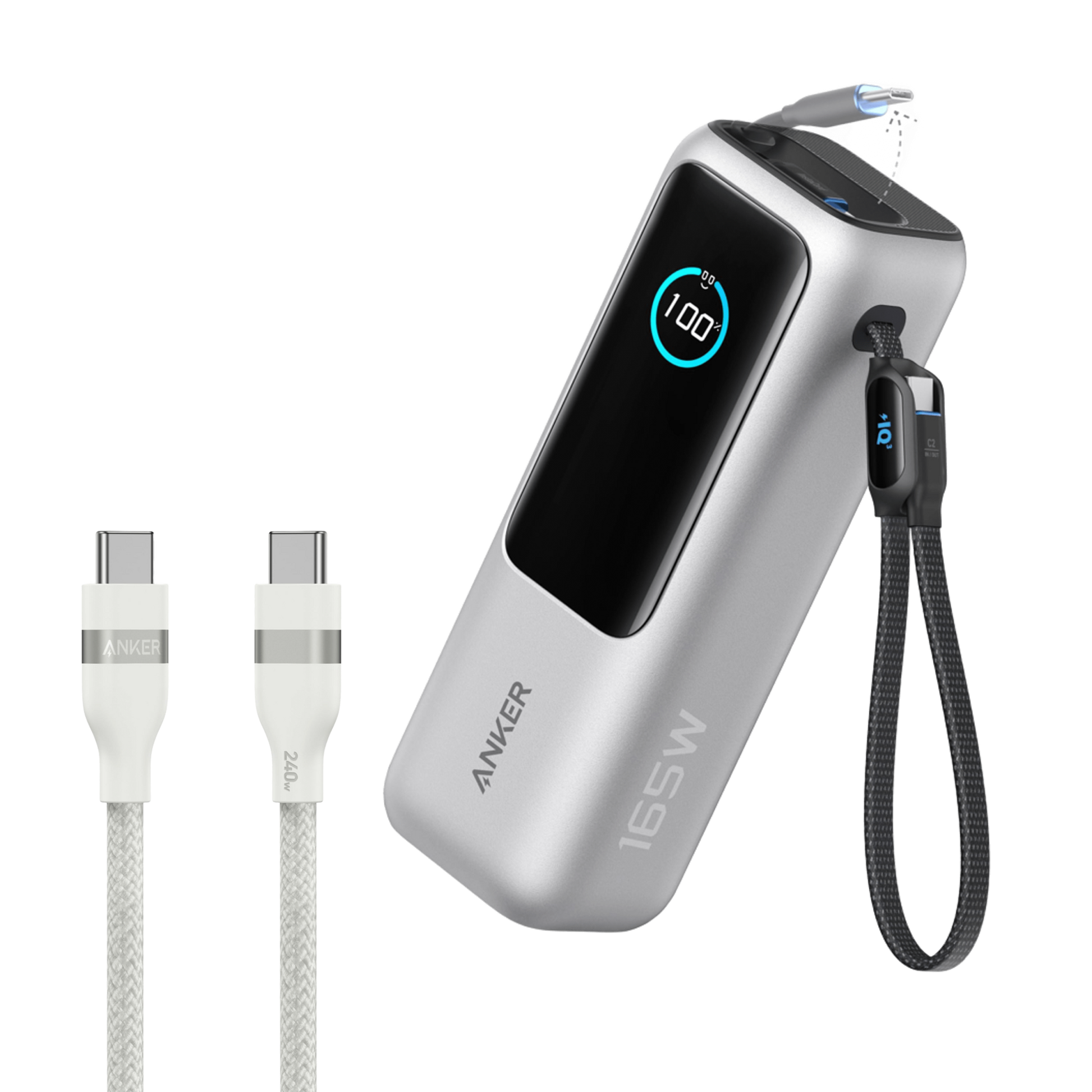 Anker 25K 165W laptop power bank with built-in, retractable cables in space black for portable device charging.