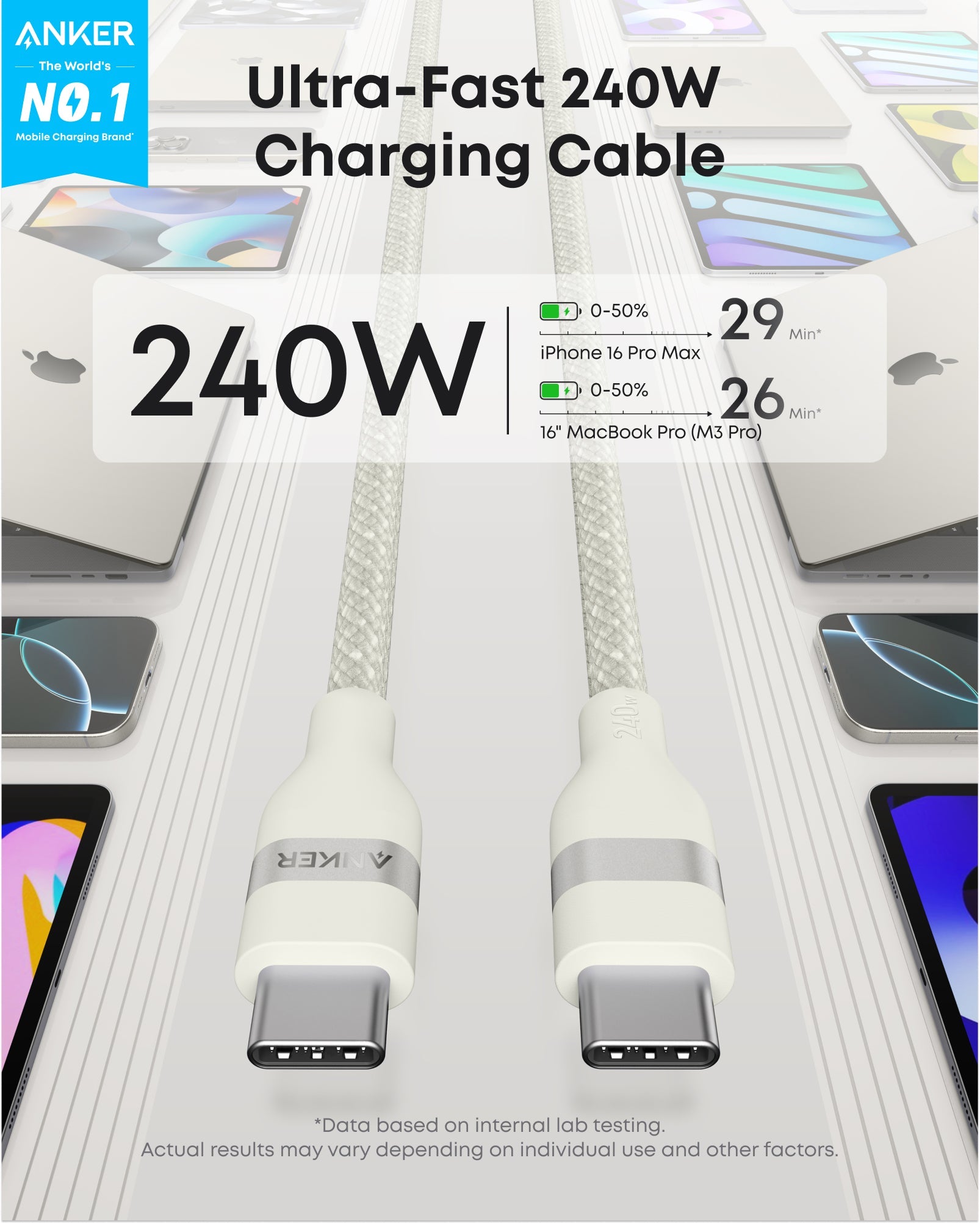 Anker 25K 165W laptop power bank in space black with built-in and retractable cables for portable device charging.
