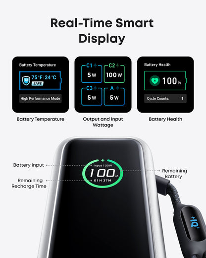 Anker 25K 165W laptop power bank with built-in and retractable cables in space black for portable charging.