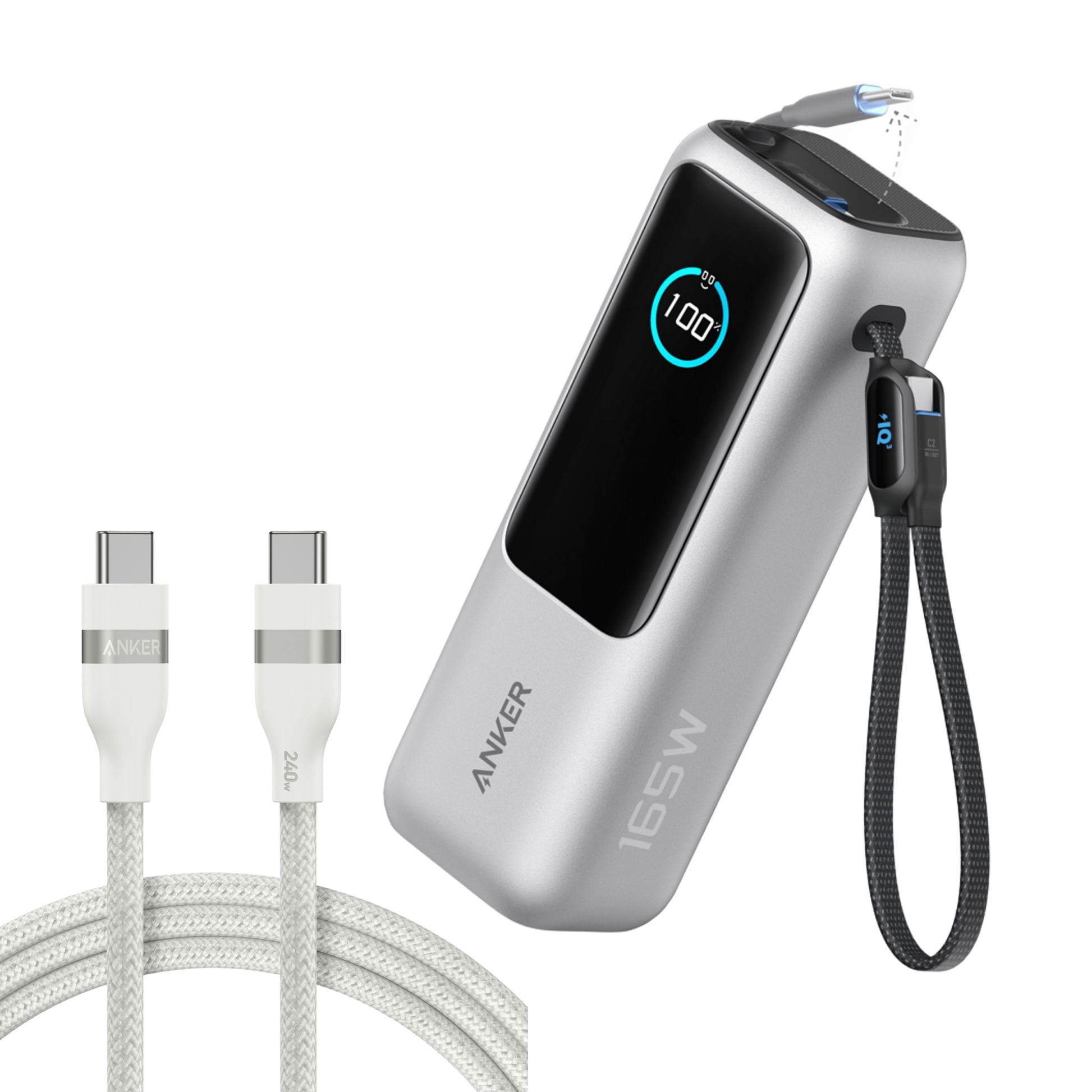 Anker 25K 165W laptop power bank in space black with built-in and retractable cables for portable charging.