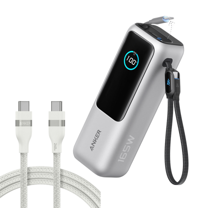 Anker 25K 165W laptop power bank in space black with built-in and retractable cables for portable charging.