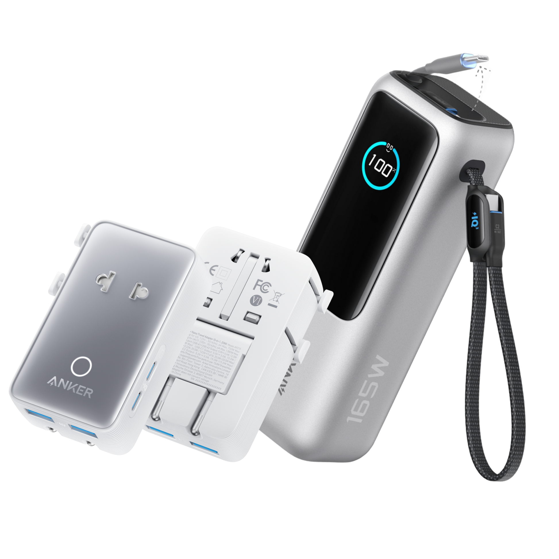 Anker 25K 165W laptop power bank with built-in and retractable cables in space black, portable and high-capacity for charging on the go.