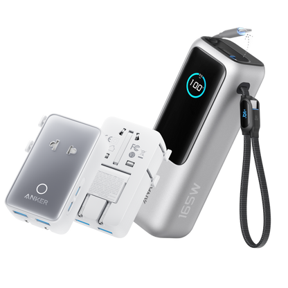 Anker 25K 165W laptop power bank with built-in and retractable cables in space black, portable and high-capacity for charging on the go.