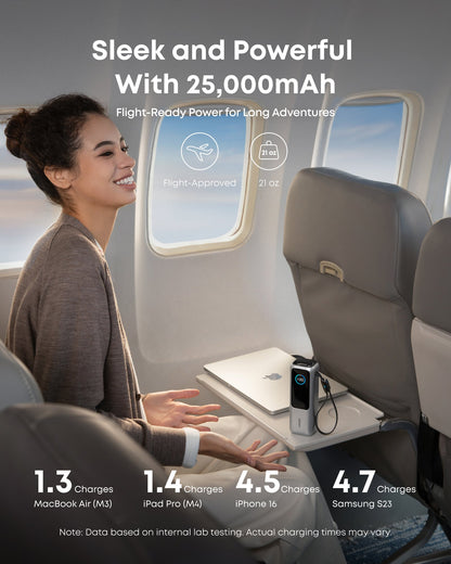 Anker 25K 165W laptop power bank in space black with built-in and retractable cables, portable and high-capacity charging device.