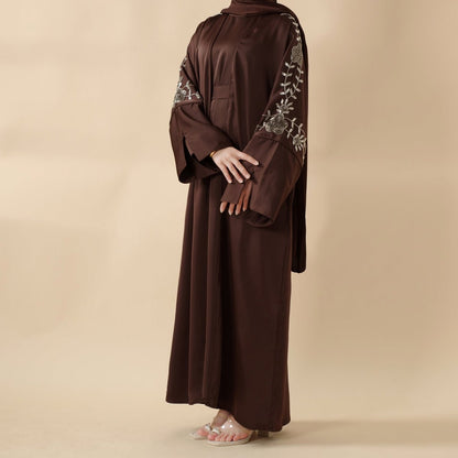 Archive Piece Beaded Rose Embroidery Satin Abaya 2-Piece Set - MP028 (Size M Only)