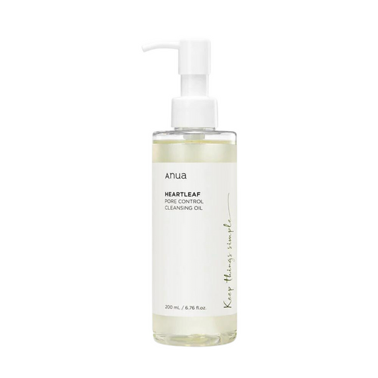 ANUA Heartleaf Pore Control Cleansing Oil bottle with product label, clear plastic container, and pump dispenser on a white background