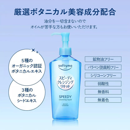 Kose Softymo Speedy Cleansing Oil in a clear bottle, designed for quick, effective makeup and dirt removal from skin.