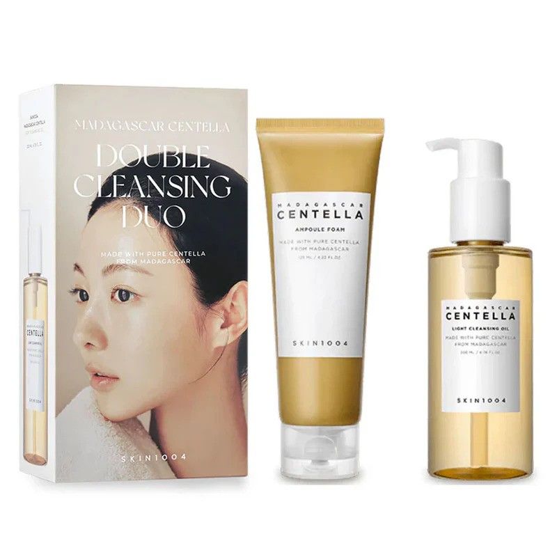 Madagascar Centella Double Cleansing Duo by SKIN1004, featuring cleansing oil and foam for gentle skin cleansing.