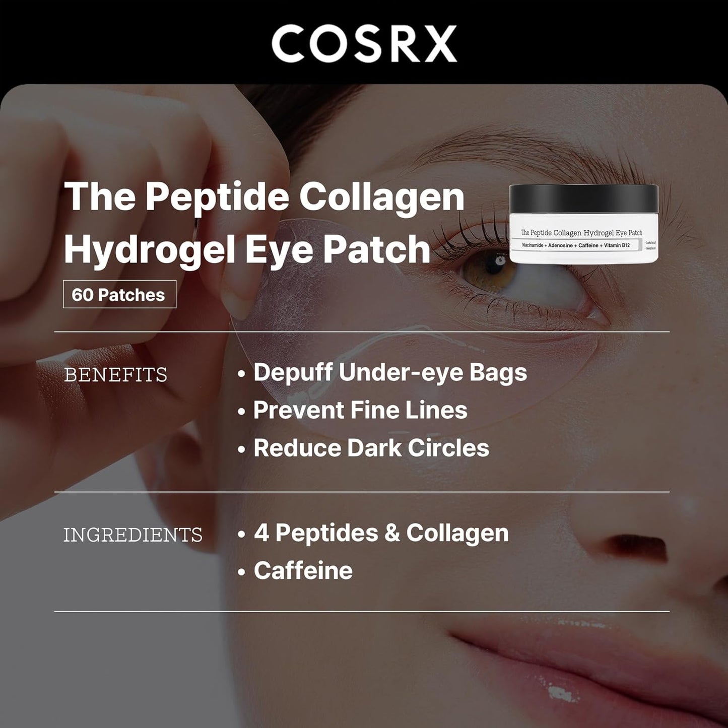 Cosrx The Peptide Collagen Hydrogel Eye Mask showing soft, transparent hydrogel patches with peptide and collagen ingredients.