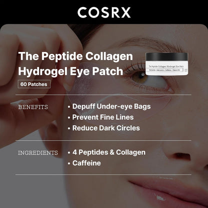 Cosrx The Peptide Collagen Hydrogel Eye Mask showing soft, transparent hydrogel patches with peptide and collagen ingredients.
