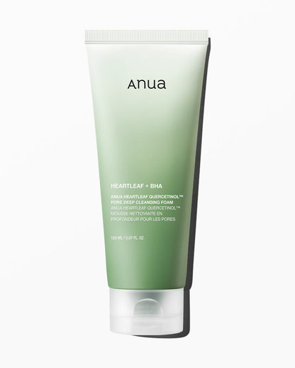 ANUA Heartleaf Quercetinol Pore Deep Cleansing Foam face cleanser with a white tube and blue accents, designed for deep pore cleansing.