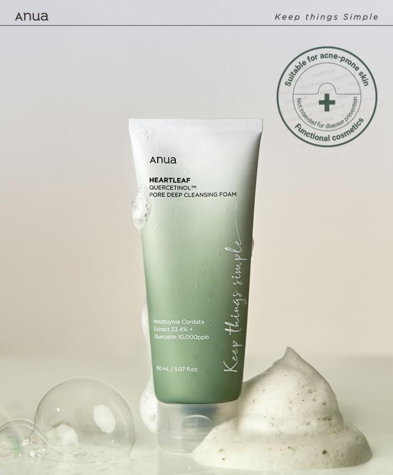 ANUA Heartleaf Quercetinol Pore Deep Cleansing Foam face cleanser with soft foam and gentle cleansing action, suitable for all skin types