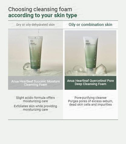 ANUA Heartleaf Quercetinol Pore Deep Cleansing Foam face cleanser with a pump dispenser, designed for deep pore cleansing and refreshing skin.