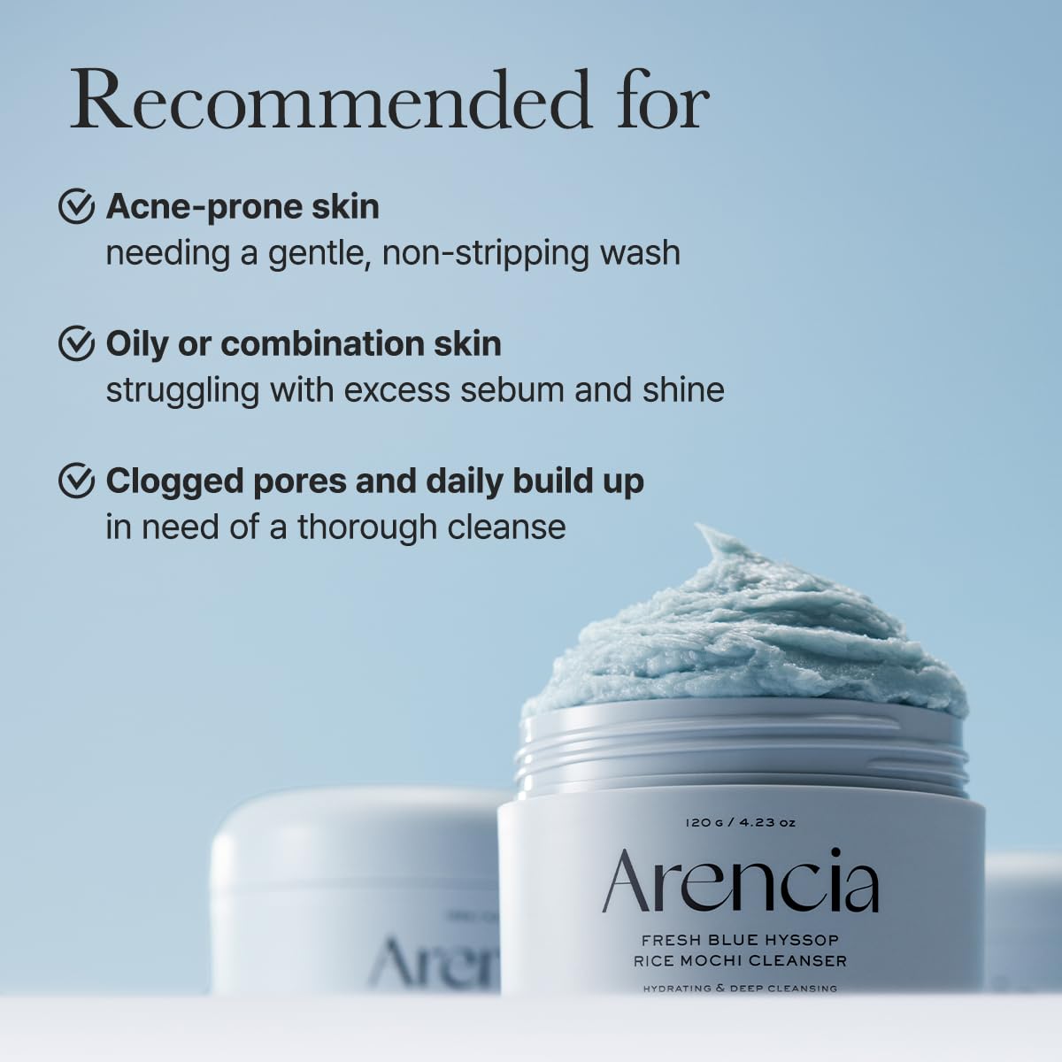 Arencia Fresh Blue Hyssop Rice Mochi Face Cleanser from AsiaBeautyMall, with a white and blue bottle, gentle and hydrating skincare.