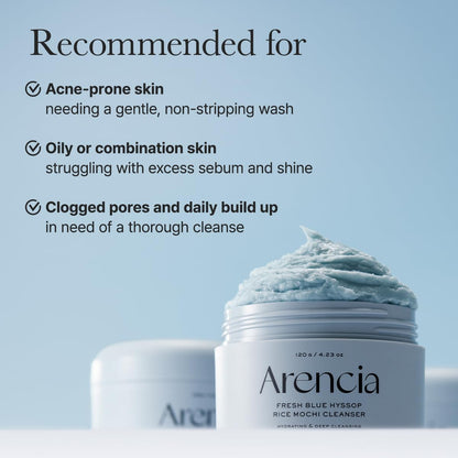 Arencia Fresh Blue Hyssop Rice Mochi Face Cleanser from AsiaBeautyMall, with a white and blue bottle, gentle and hydrating skincare.