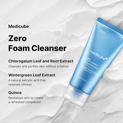 Medicube Zero Foam Cleanser, a gentle face cleanser from AsiaBeautyMall, shown in a white tube with blue accents.