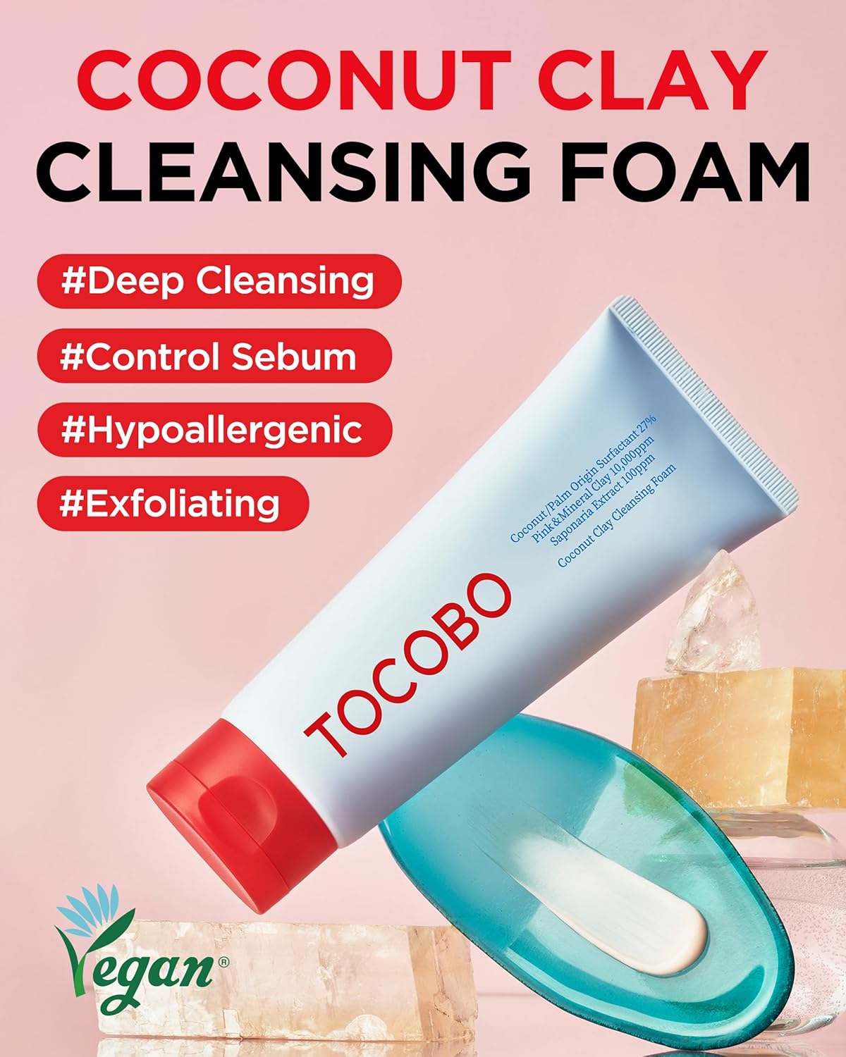 TOCOBO Coconut Clay Cleansing Foam, face cleanser with natural coconut and clay ingredients, designed for deep cleansing.
