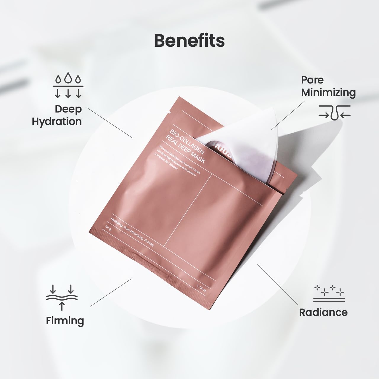 AsianBeautyMall Biodance Bio Collagen Real Deep Face Mask shown on a woman with smooth, hydrated skin in a skincare setting.