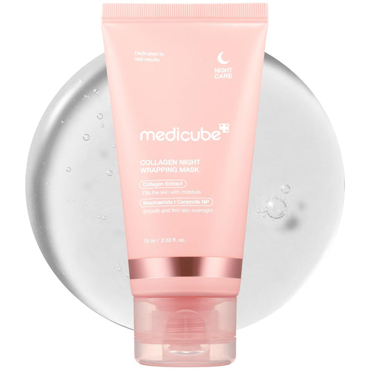Medicube Collagen Night Wrapping Mask applied on face, moisturizing and nourishing skin for a rejuvenating overnight treatment.