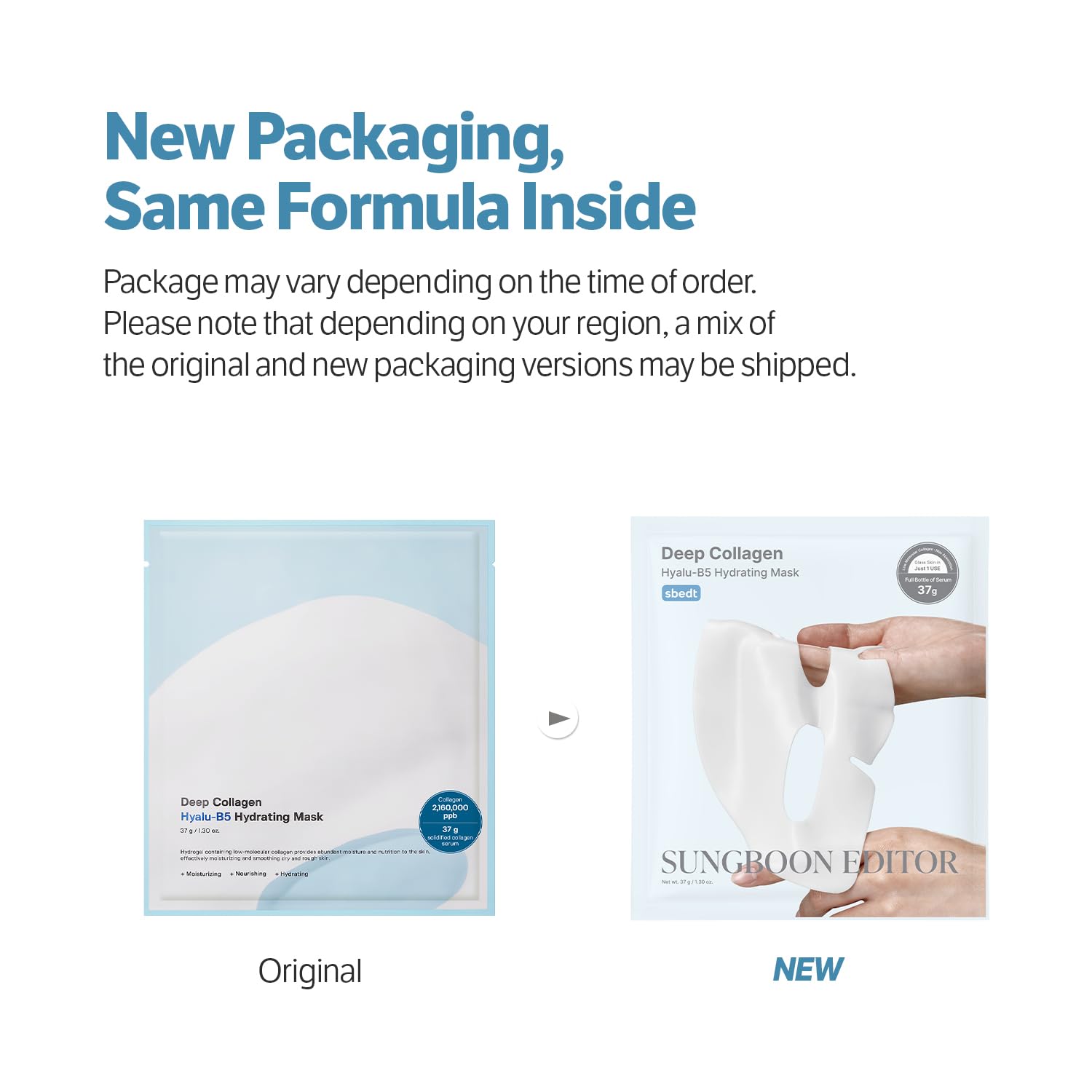 Sungboon Editor Deep Collagen Hyalu-B5 Hydrating Face Mask by AsiaBeautyMall, showing the mask's packaging and design.
