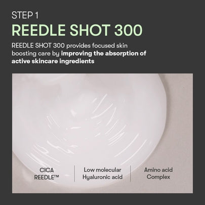 AsiaBeautyMall VT Reedle Shot 300 2-Step Face Mask showing the mask packaging and application steps in a close-up image.
