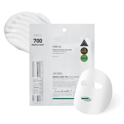 AsiaBeautyMall VT Reedle Shot 700 2-Step Face Mask showing the sleek packaging and mask application for skincare.
