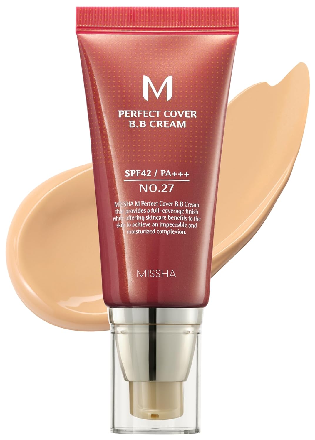 Missha M Perfect Cover BB Cream in shade #27 Honey Beige, a foundation with smooth, natural-looking coverage.