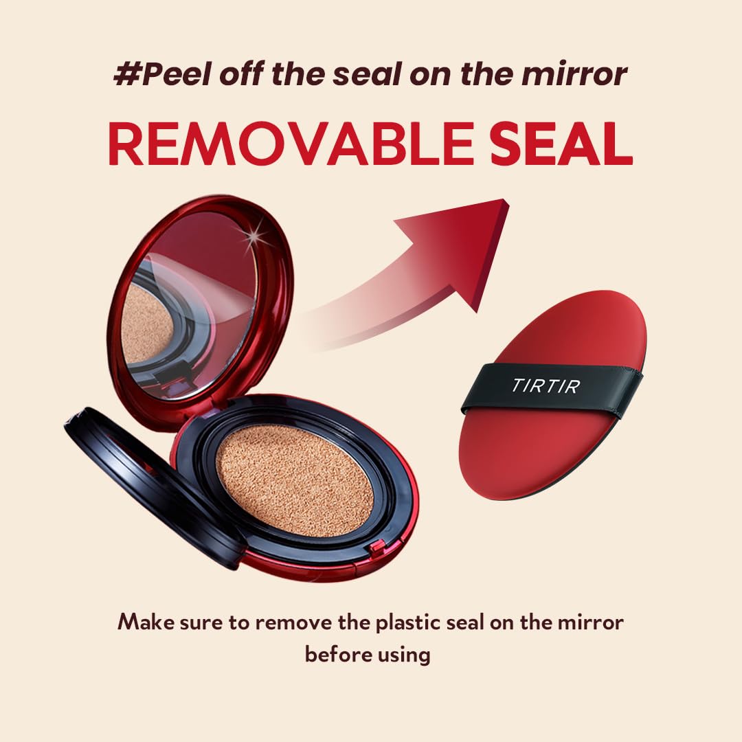 TIRTIR Mask Fit Red Cushion foundation in 23N Sand with full-size 18g compact featuring a red cushion and makeup sponge.