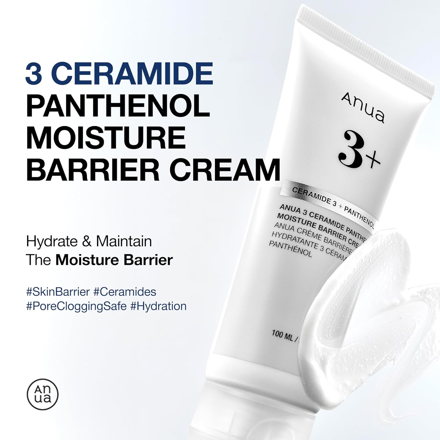 ANUA 3+ Ceramide Panthenol Moisture Barrier Cream in a jar, showcasing the moisturizer's smooth, creamy texture for dry skin hydration.