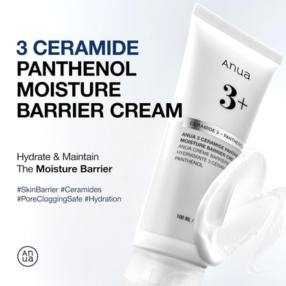 ANUA 3+ Ceramide Panthenol Moisture Barrier Cream in a jar, showcasing the moisturizer's smooth, creamy texture for dry skin hydration.