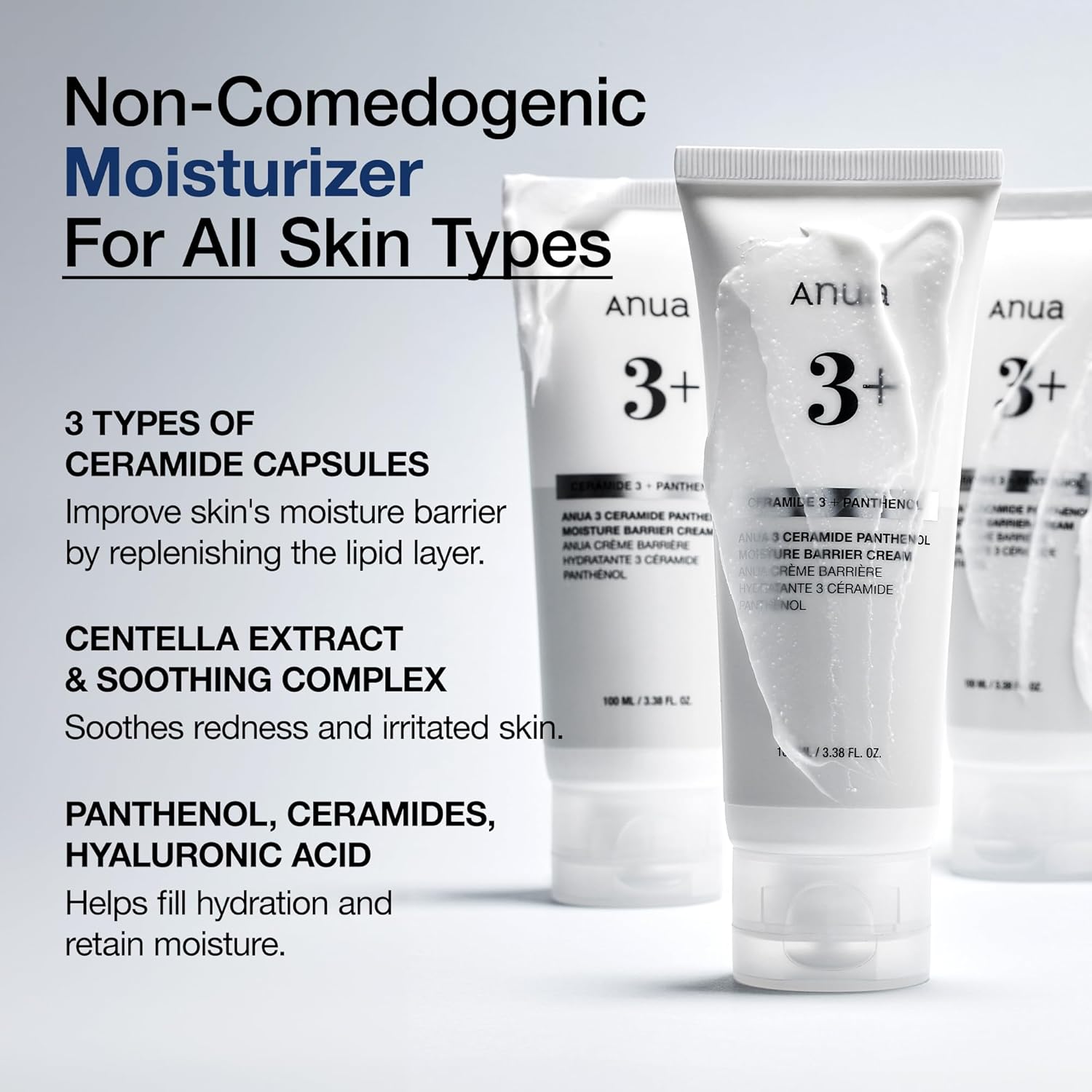 ANUA 3+ Ceramide Panthenol Moisture Barrier Cream moisturizer jar with a clean, minimal design and white lid, showcasing the product label.