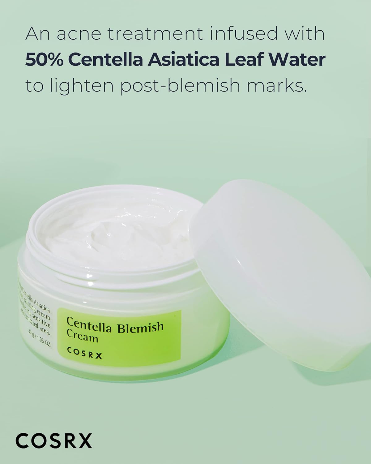 Cosrx Centella Blemish Cream moisturizer by AsiaBeautyMall, featuring soothing ingredients in a tube with a white and green design.
