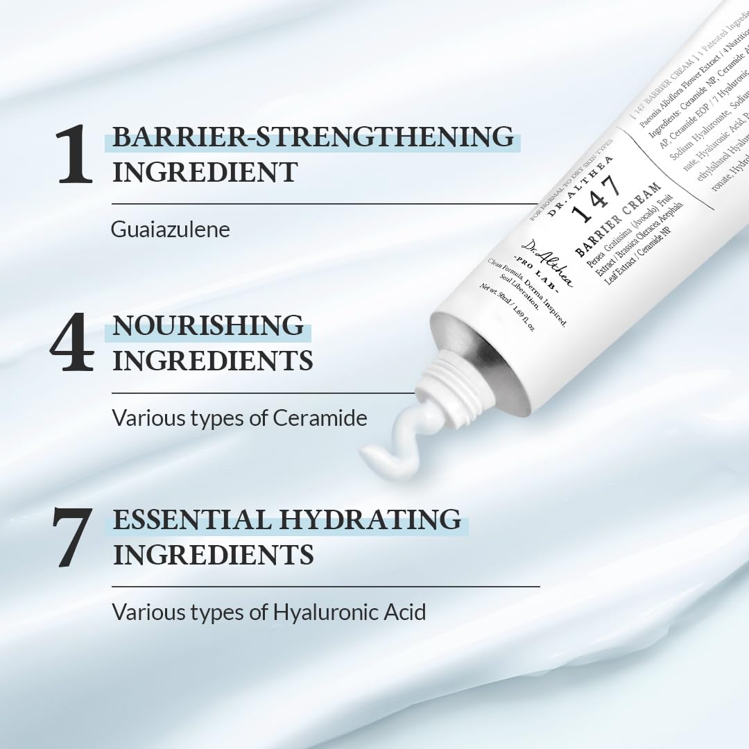 Dr. Althea 147 Barrier Cream moisturizer from AsiaBeautyMall, shown in a jar with smooth cream inside.