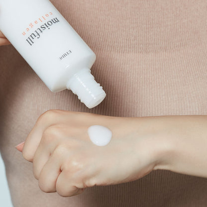 ETUDE Moistfull Collagen Emulsion moisturizer showing its lightweight, hydrating texture in a clear pump bottle.