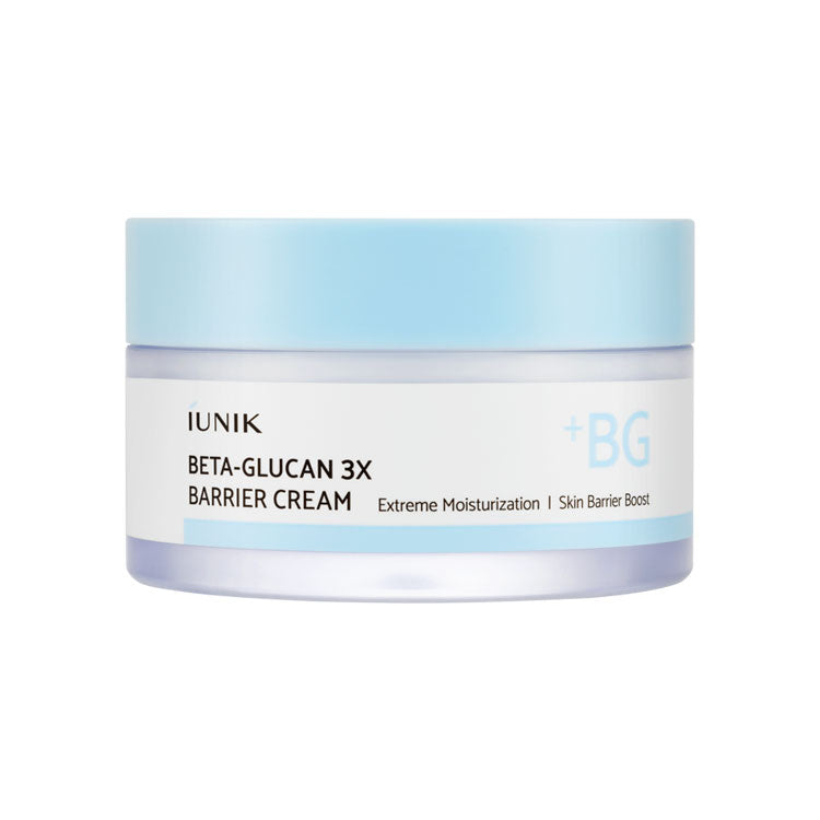 IUNIK Beta-Glucan 3X Barrier Cream moisturizer from AsiaBeautyMall, shown in a jar with smooth, hydrating cream inside.