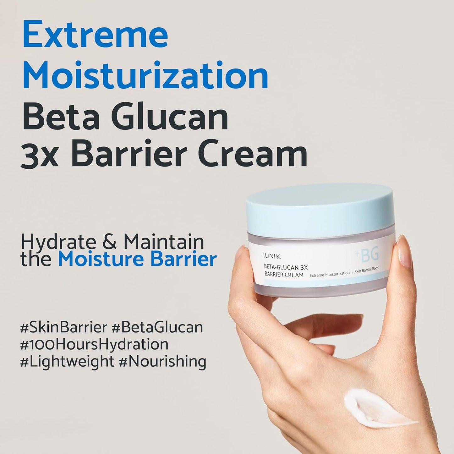 IUNIK Beta-Glucan 3X Barrier Cream moisturizer in a jar, highlighting its soothing and hydrating skincare benefits.