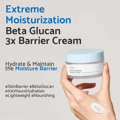 IUNIK Beta-Glucan 3X Barrier Cream moisturizer in a jar, highlighting its soothing and hydrating skincare benefits.