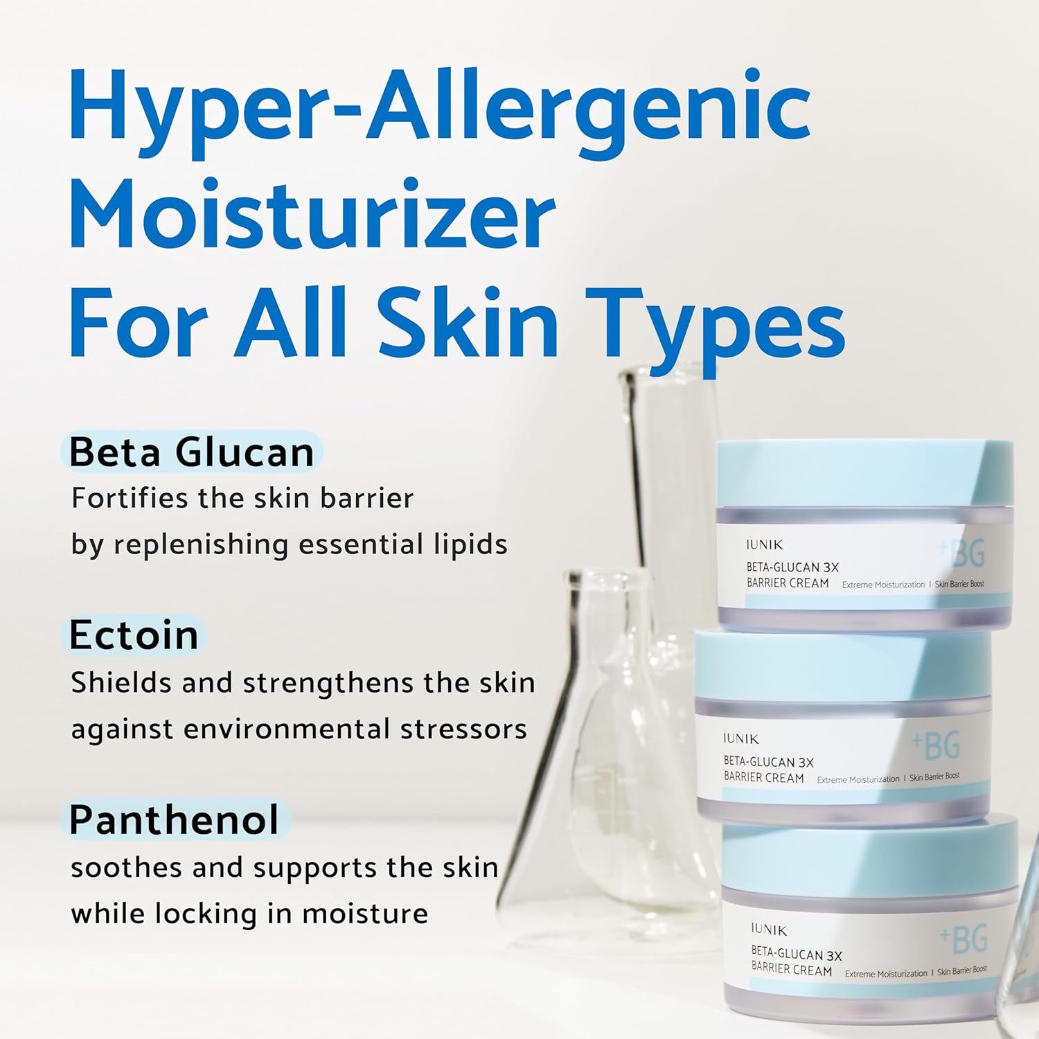 IUNIK Beta-Glucan 3X Barrier Cream moisturizer in a jar, highlighting its hydrating and skin barrier strengthening properties.