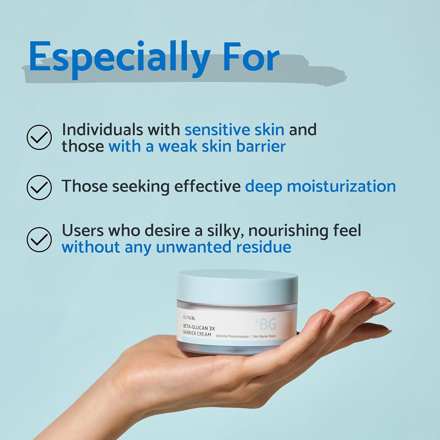 IUNIK Beta-Glucan 3X Barrier Cream moisturizer from AsiaBeautyMall showing the cream jar with label and product packaging