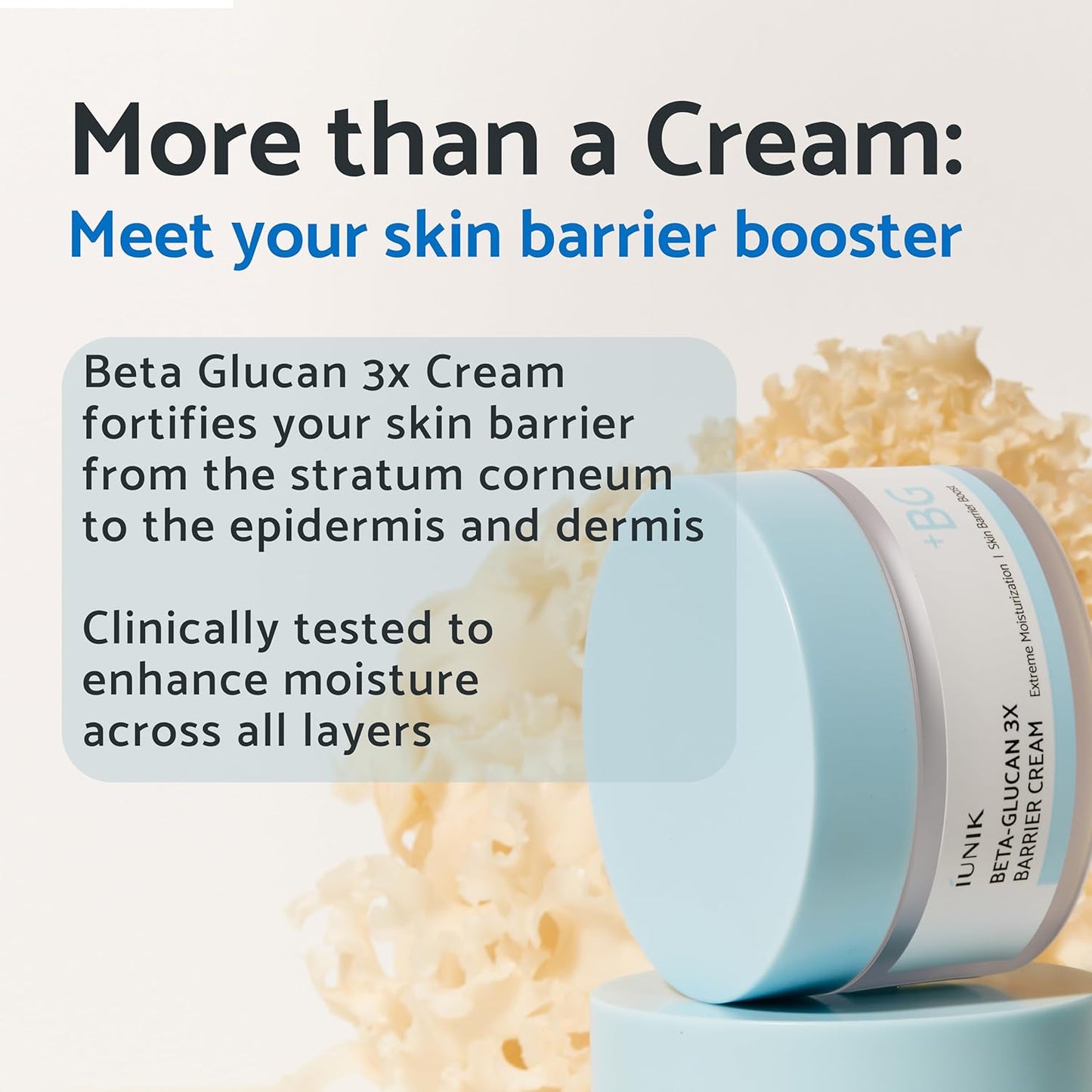 IUNIK Beta-Glucan 3X Barrier Cream moisturizer in a jar, showcasing its smooth texture and calming skincare benefits.
