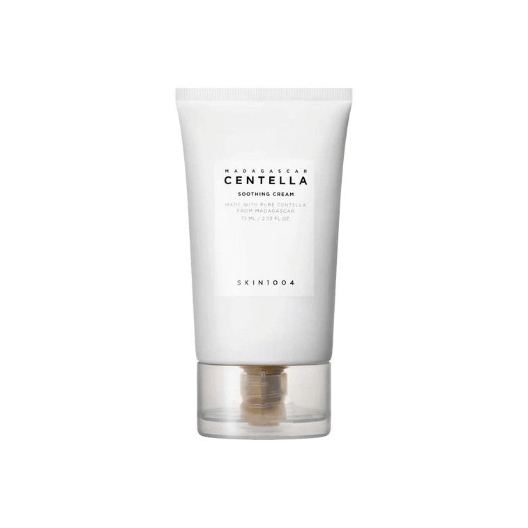 Skincare moisturizer bottle labeled SKIN1004 Madagascar Centella Soothing Cream, natural ingredients, soothing and hydrating formula